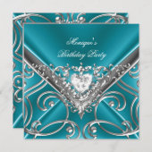 Invitation Élégante fête d'anniversaire Turquoise bleu argent (Devant / Derrière)