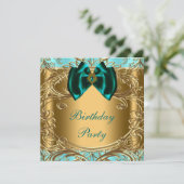 Invitation Elégante fête d'anniversaire Turquoise bleu et or (Debout devant)