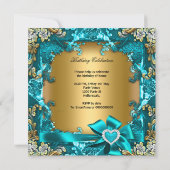 Invitation Élégante fête d'anniversaire Turquoise Blue Gold F (Dos)