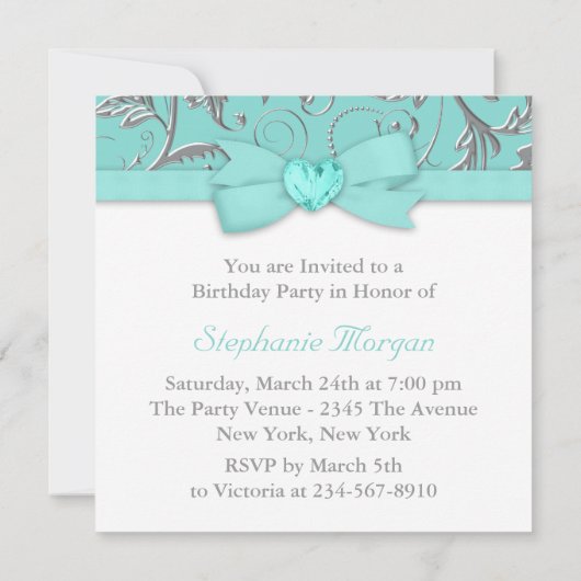 Invitation Elégante fête d'anniversaire Turquoise en argent (Dos)