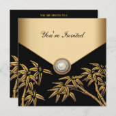 Invitation Élégante fête de bambou noir et or (Devant / Derrière)