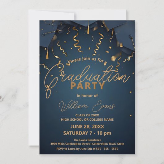 Invitation Élégante fête de graduation en bleu et or avec pho (Devant)