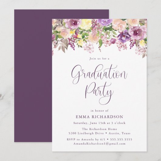 Invitation Élégante Fête de Graduation Florale Radiant Purple (Devant / Derrière)