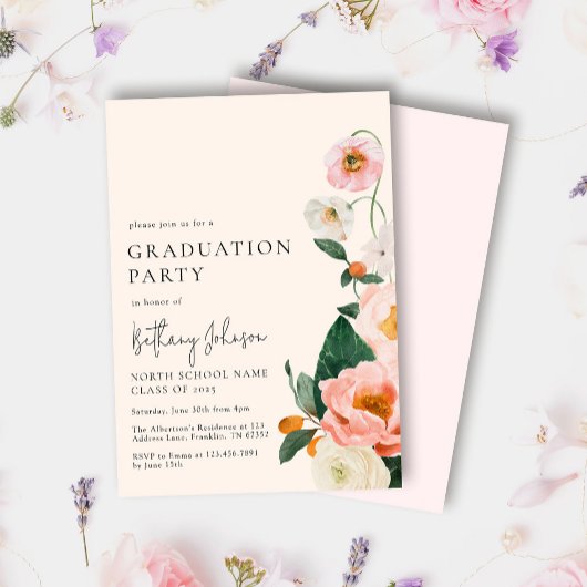Invitation Élégante fête de graduation florale rose pâle