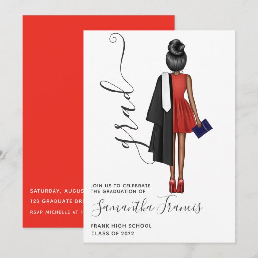 Invitation Élégante Fête de Graduation Rouge, Noir et Blanc (Devant / Derrière)