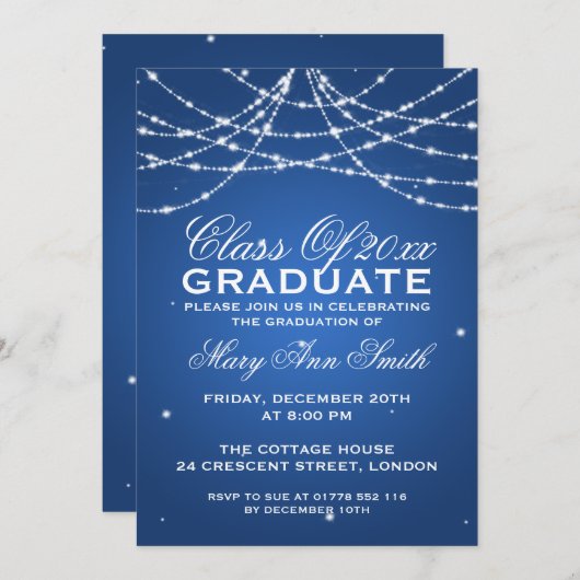 Invitation Élégante fête de graduation Sparkling String Bleu (Devant / Derrière)