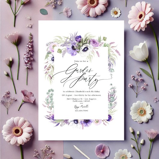 Invitation Élégante Fête de Jardin Florale Violette Poussiére