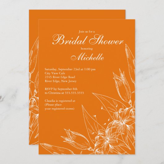 Invitation Élégante Fête de l'mariée à fleurs Lily orange (Devant / Derrière)