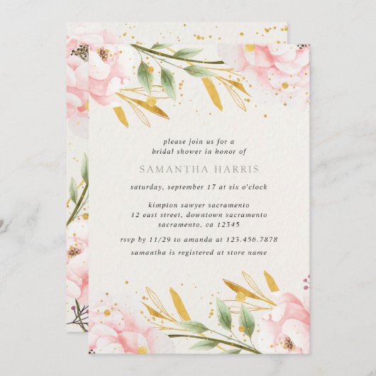 Invitation Elégante Fête de l'mariée Aquarelle Rose Et Or (Devant / Derrière)