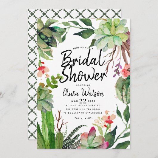 Invitation Élégante Fête de l'mariée florale succulente de Ca (Devant / Derrière)