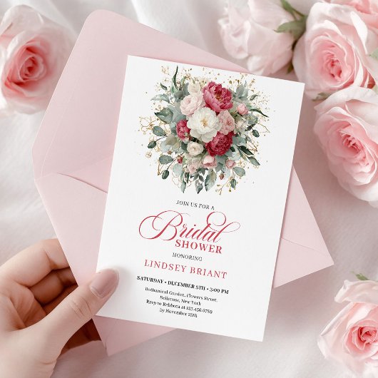Invitation Élégante Fête de Mariage Bohème Rubis Blanc et Ver