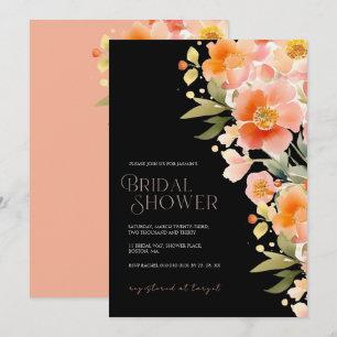 Invitation Élégante Fête de Mariage Corail Florale Noire