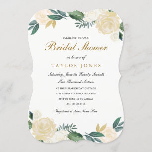 Invitation Élégante Fête de Mariage Florale en Or Blanc