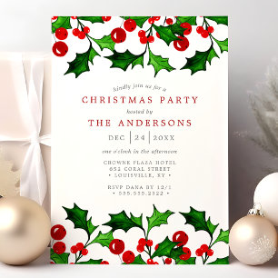 Invitation Élégante Fête de Noël aux Baies de Houx Aquarelle