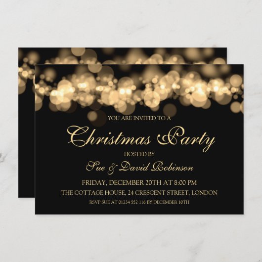 Invitation Élégante fête de Noël Gold Bokeh Lumières (Devant / Derrière)