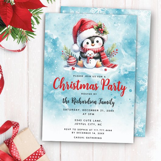 Invitation Élégante fête de Noël mignonne Penguin Bleu Noël