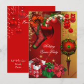 Invitation Élégante fête de Noël Rouge cadeaux d'or balles (Devant / Derrière)