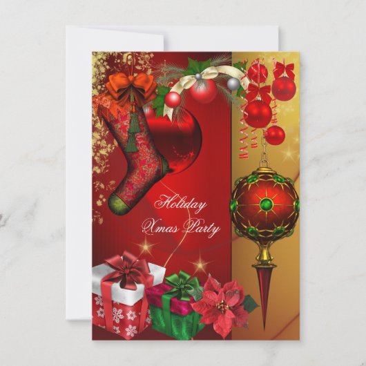 Invitation Élégante fête de Noël Rouge cadeaux d'or balles (Devant)