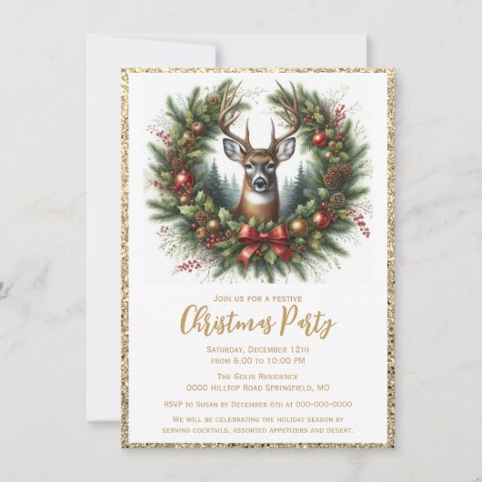 Invitation Élégante fête de Noël rustique avec cerf (Devant)
