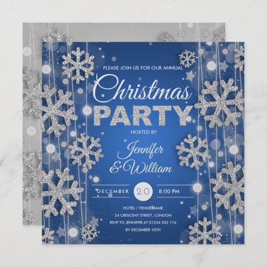 Invitation Élégante fête de Noël Silver Blue Winter Glam (Devant / Derrière)