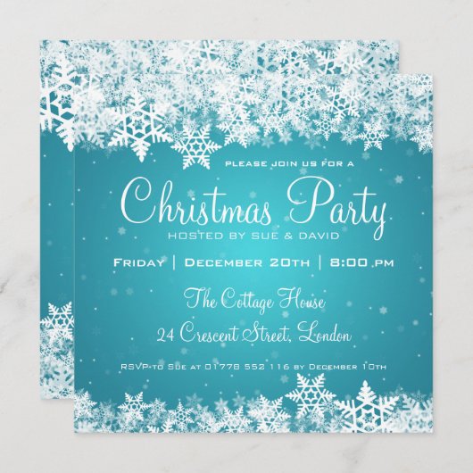 Invitation Élégante fête de Noël Snowflakes 2 Turquoise (Devant / Derrière)
