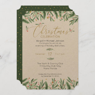 Invitation Élégante fête de Noël verte, rouge et or