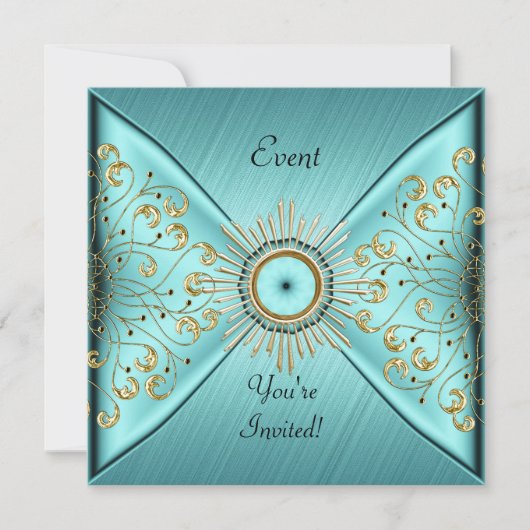 Invitation Élégante Fête de Soirée Bleu Sarcelle Or (Devant)