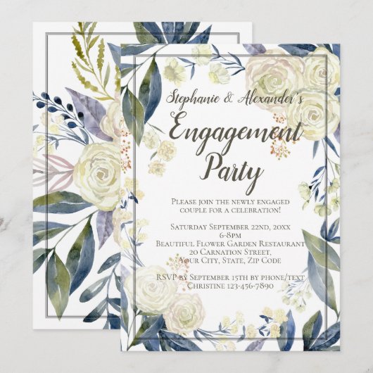 Invitation Élégante fête d'engagement de la Fleur d'aquarelle (Devant / Derrière)