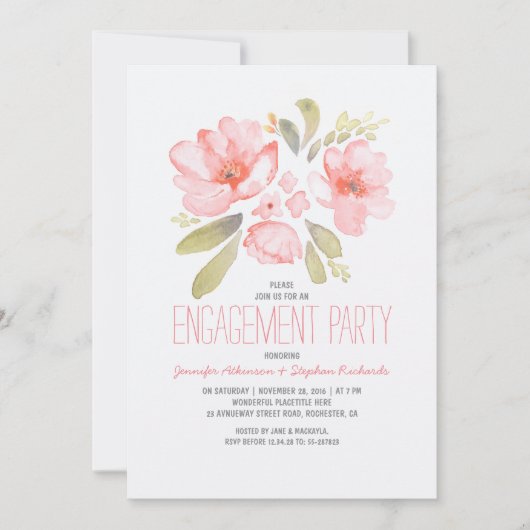 Invitation Elégante fête d'engagement en aquarelle florale (Devant)