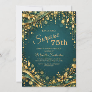 Invitation Élégante Fête des 75 Ans Teal Or Étincelante Surpr