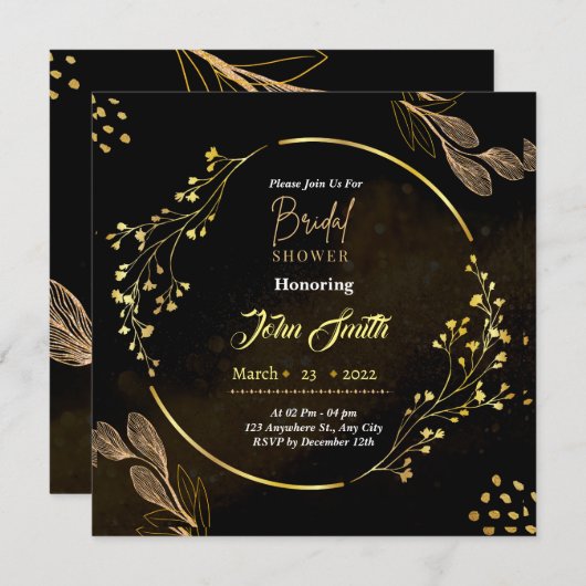 Invitation Elégante Fête des mariées à fleurs en or noir Dust (Devant / Derrière)