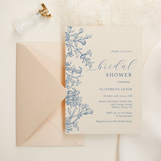 Invitation Elégante Fête des mariées bleu beige Vintage