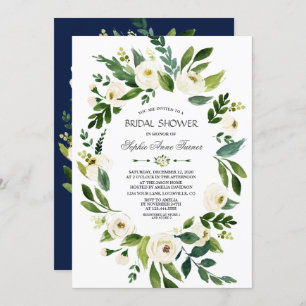 Invitation Elégante Fête des mariées Bleue de la Marine Flora
