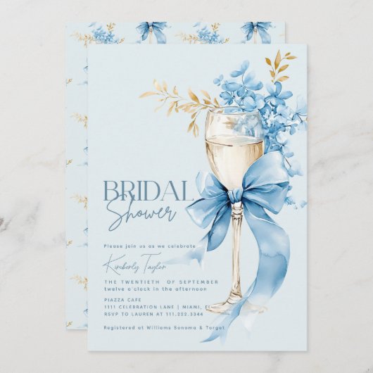 Invitation Elégante Fête des mariées Bleue Hydrangea Bow (Devant / Derrière)