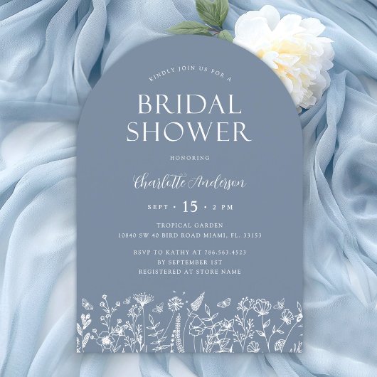 Invitation Elégante Fête des mariées botanique bleu Dusty