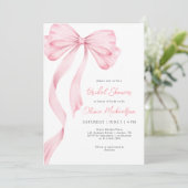Invitation Élégante Fête des mariées coquette à ruban rose (Debout devant)