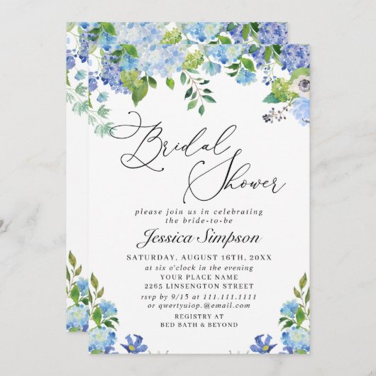 Invitation Elégante Fête des mariées d'aquarelle Blue Hydrang (Devant / Derrière)