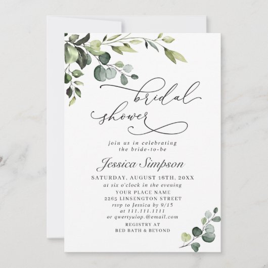 Invitation Elégante Fête des mariées d'aquarelle Eucalyptus (Devant)