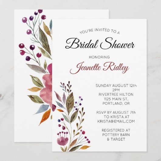 Invitation Elégante Fête des mariées d'aquarelle florale bord (Devant / Derrière)