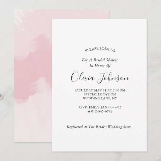 Invitation Elégante Fête des mariées d'aquarelle rose pâle (Devant / Derrière)