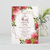 Invitation Elégante Fête des mariées de cadre or bordeaux flo (Debout devant)