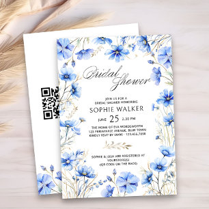Invitation Élégante Fête des mariées de code QR Floral Bleu