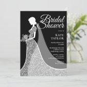 Invitation Élégante Fête des mariées de dentelle noire et bla (Debout devant)