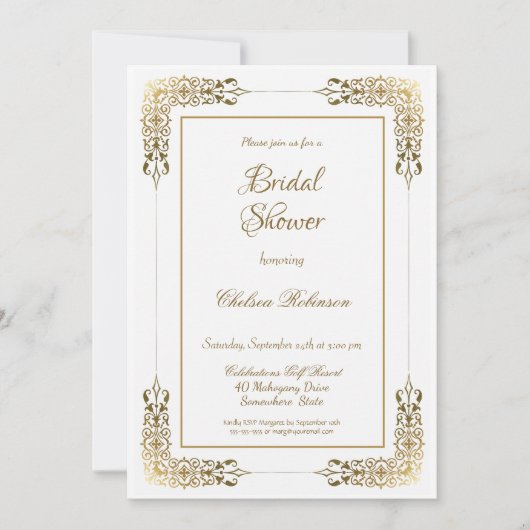 Invitation Elégante Fête des mariées de dentelle or ornée (Devant)