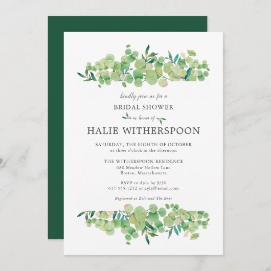 Invitation Elégante Fête des mariées de feuillage Eucalyptus (Devant / Derrière)