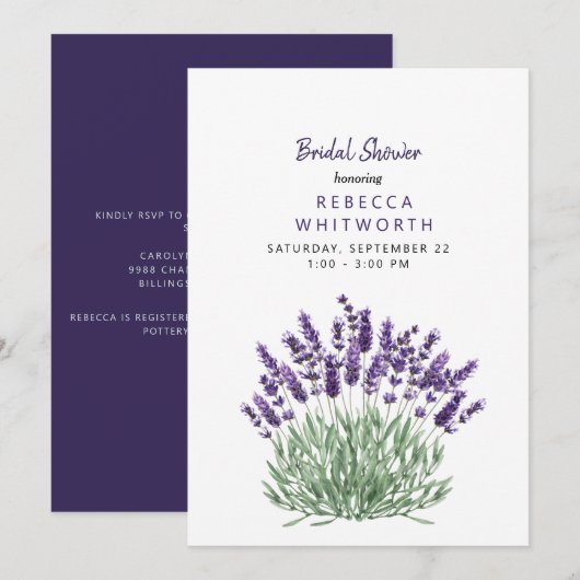 Invitation Elégante Fête des mariées de lavande aquarelle (Devant / Derrière)