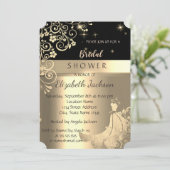 Invitation Élégante Fête des mariées de robe noire, or Fleurs (Debout devant)