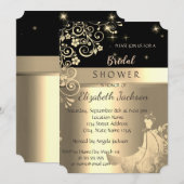 Invitation Élégante Fête des mariées de robe noire, or Fleurs (Devant / Derrière)