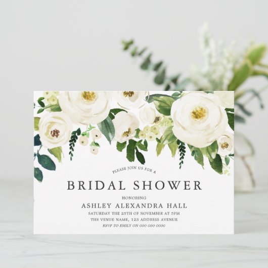 Invitation Elégante Fête des mariées de Roses Blanches (Debout devant)