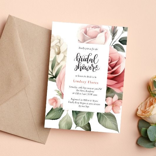 Invitation Élégante Fête des mariées de verdure florale Rose